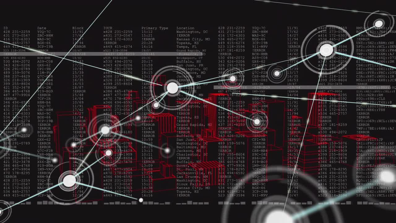 Network pulsing node rings and extending cyan lines over red text highlights for data mapping