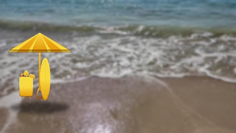3d icono de vacaciones animación de movimiento en fondo de playa borrosa. cámara, bolsa, paraguas y concepto de tabla de surf para vacaciones y vacaciones.