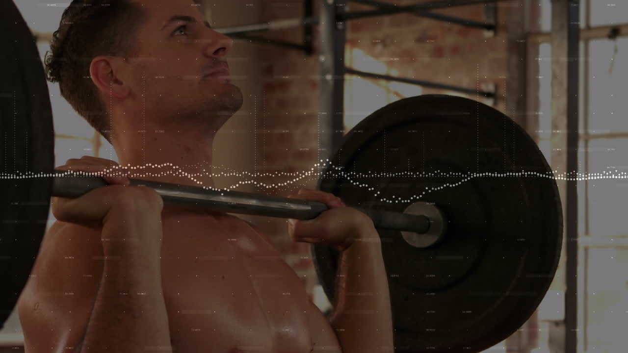 금융 데이터 처리의 애니메이션 백인 남자가 무게를 들어 올리는 것