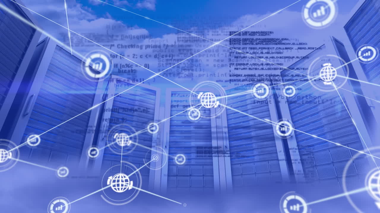 Animation of network of connections with icons and data over computer servers in clouds