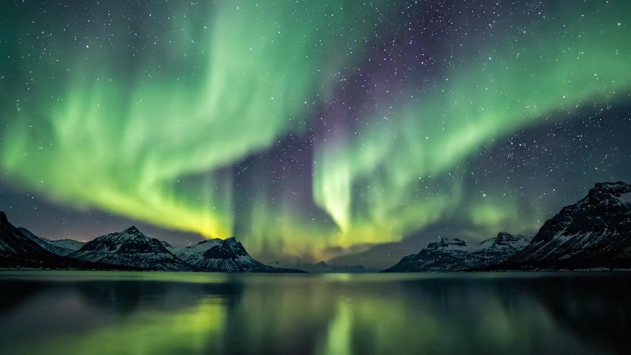Uno spettacolo mozzafiato di aurora boreale illumina il cielo notturno sopra maestose cime montuose e una superficie d'acqua riflettente, creando una stravaganza di colori da sogno.