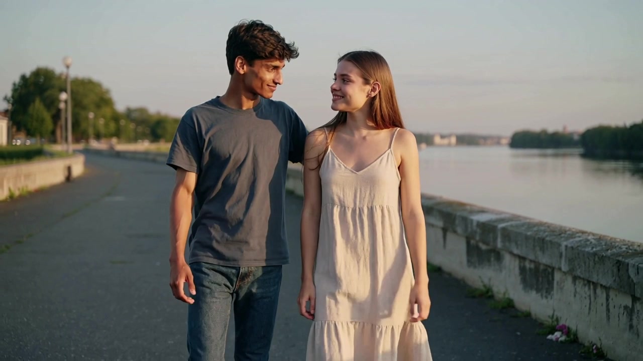 Uomo in maglietta scura e donna in abito chiaro che camminano, lui le sposta i capelli mostrando affetto vicino alla balaustra