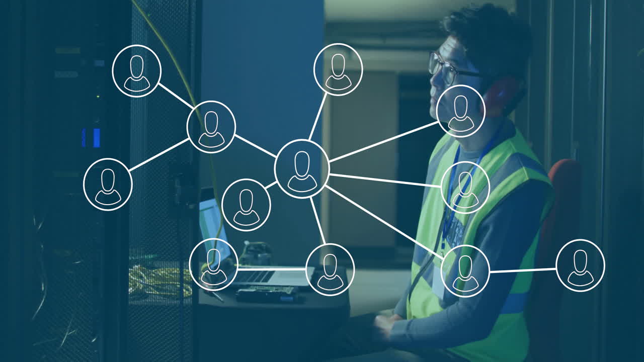 Network of connections animation over technician working in server room