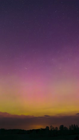 beautiful aurora borealis colors over countryside landscape. vertical stargazing timelapse of glittering stars and northern lights. magical nature phenomenon in the sky. instagram reel format video.
