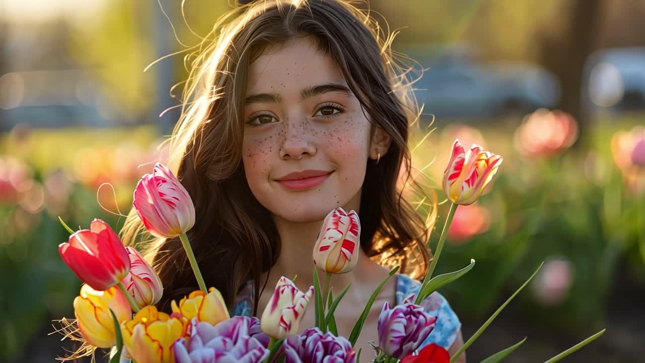 A young girl with freckles smiles while holding a colorful bouquet of tulips in the sunlight