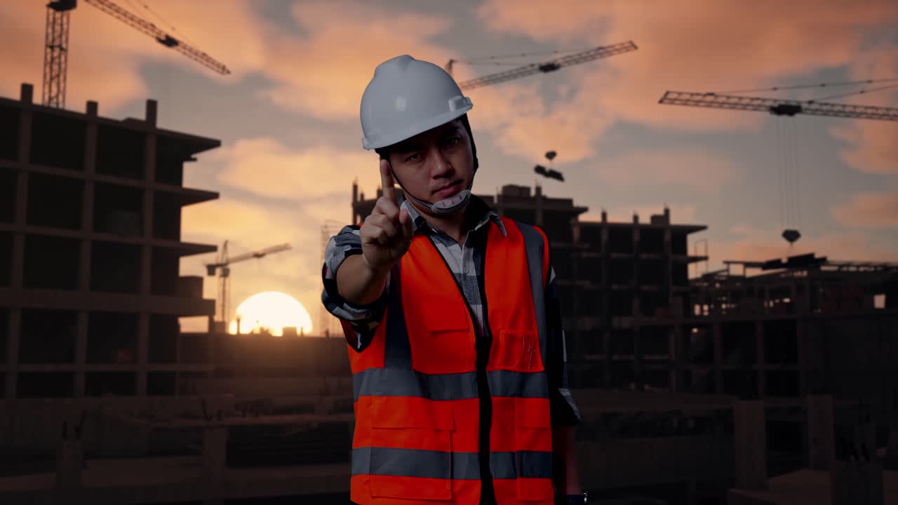Asian Male Engineer With Safety Helmet Disapproving With No Index Finger Sign While Standing At Building & Construction Site in Progress to New House