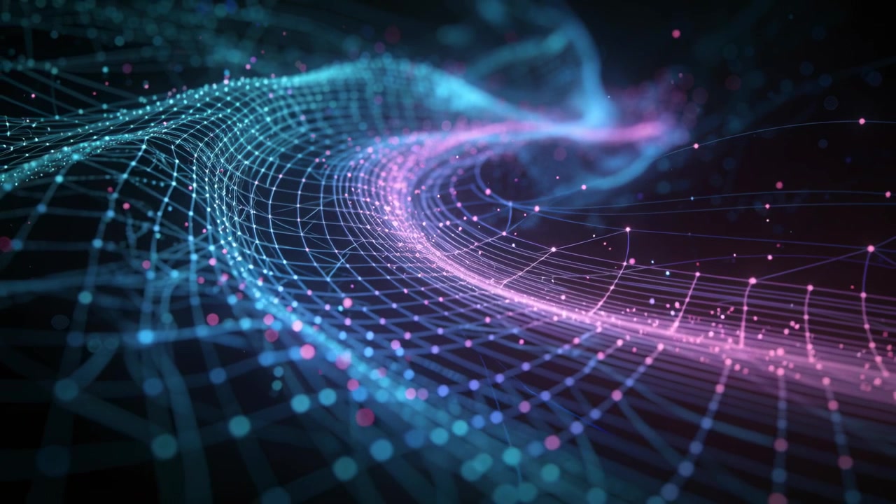 Animation starting, wireframe mesh undulating to upper-right in dark space, magenta band pulsing