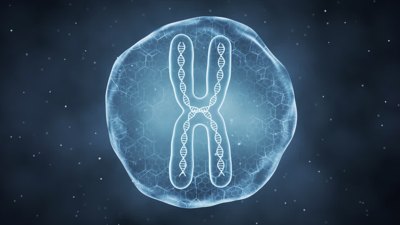 esfera orgánica con cromosoma en el interior, representación en 3d.