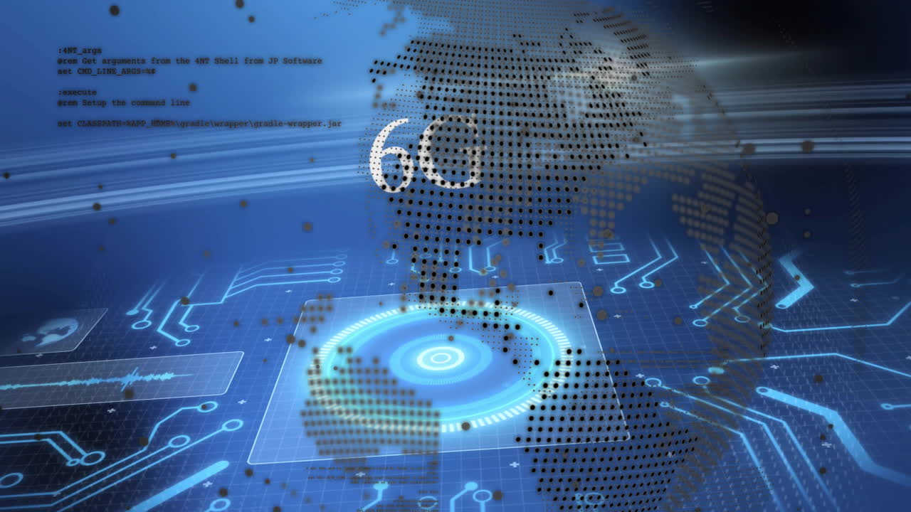 Animation of 6g text, globe and digital data processing over computer circuit board