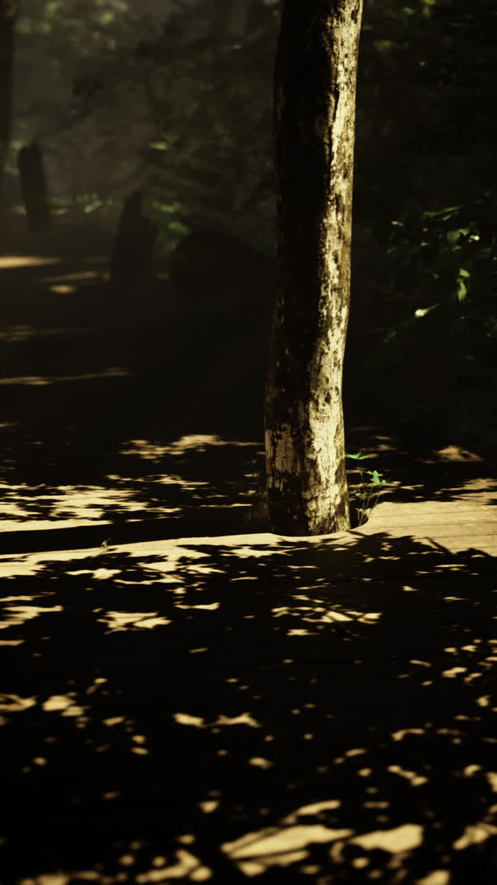 Sunlight filtering through foliage over a wooden pathway in a serene forest