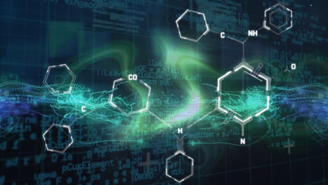 Animación-De-Estructuras-Químicas-Y-Onda-Digital-Verde-Brillante-Contra-El-Procesamiento-De-Datos