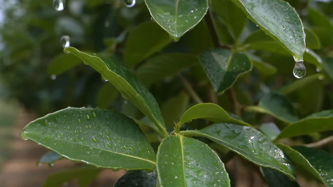 Close-up of Green Leaves with Water Droplets