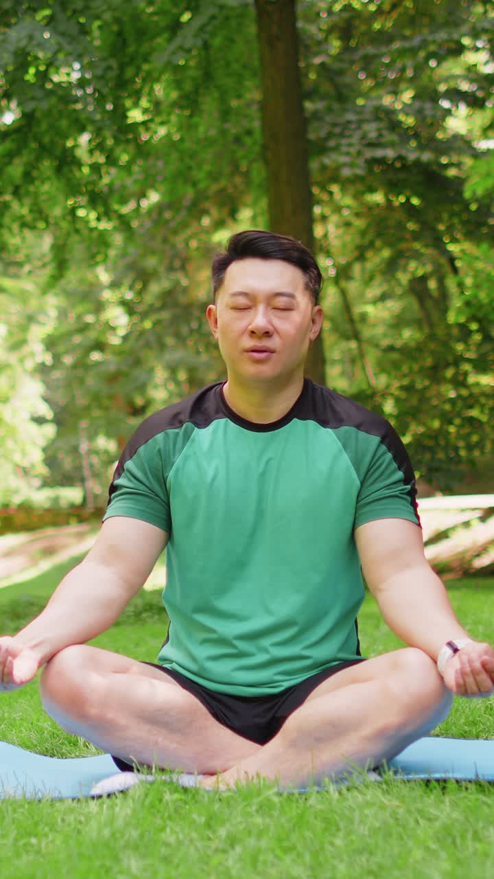 젊은 아시아인 남자가 롯스 자세로 매트에 앉아 여름날 공원에서 요가를 연습하고 휴식을 취하고 있습니다.