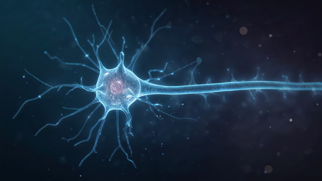 Brightening neuron soma with pink core, dendrites sending motes along axon to right in neural field