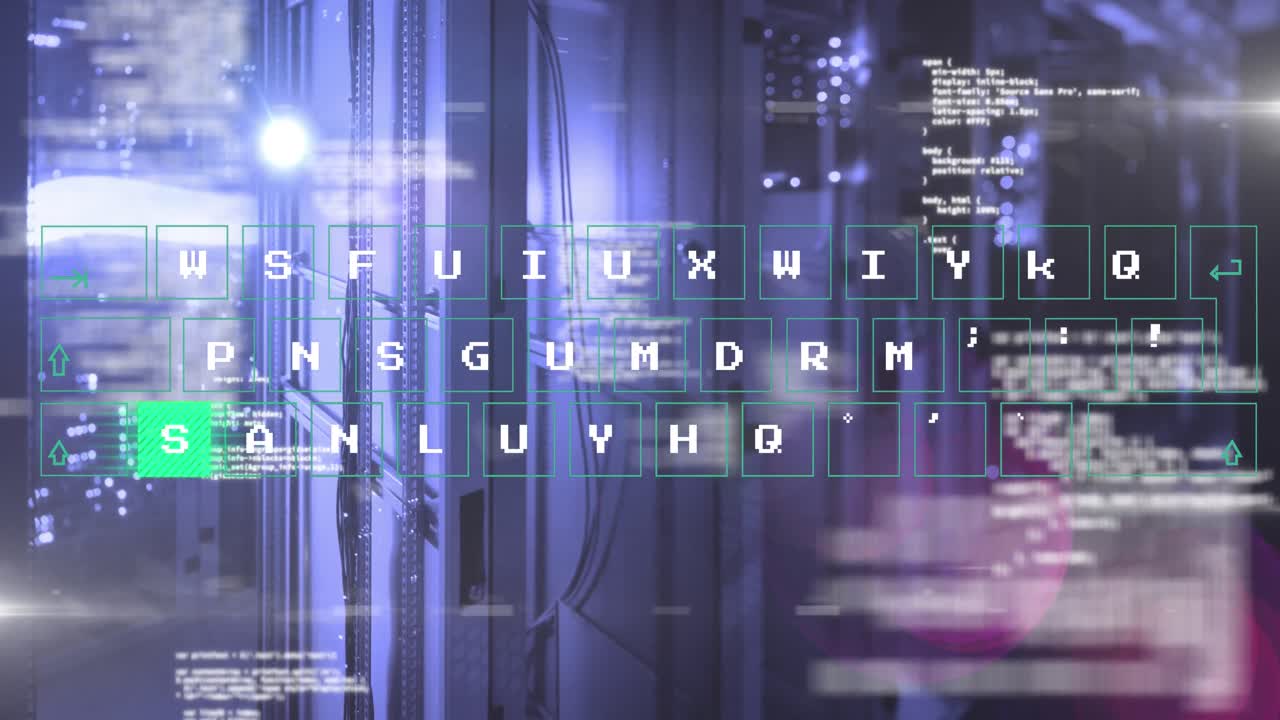 Animation of data processing and keyboard over server room