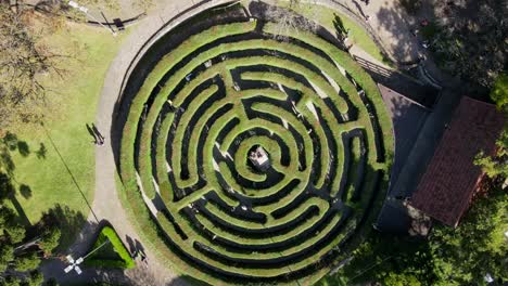 time lapse aerial view of people playing in a green maze labyrinth in a sunny day