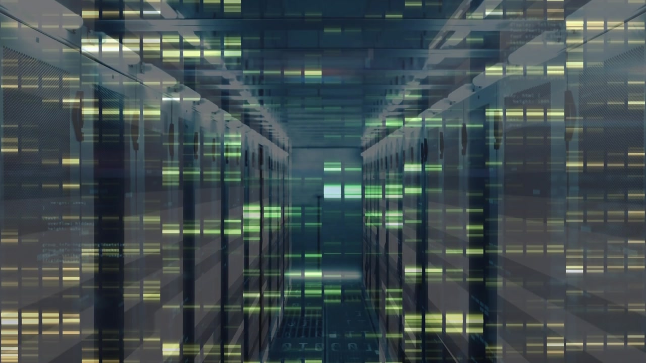Animation of mosaic squares and light trails against computer server room