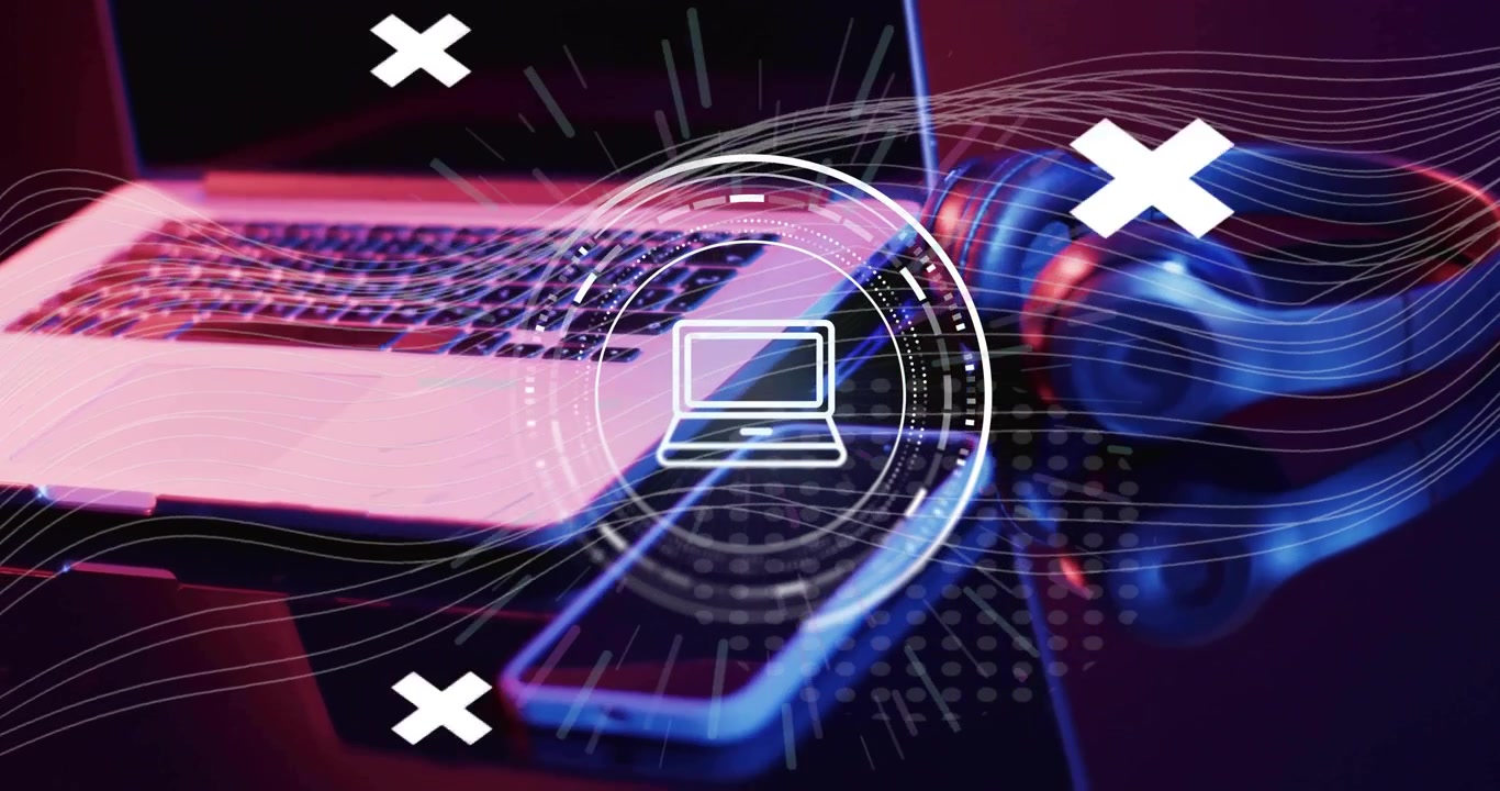 laptop, smartphone, headset on tech desk, HUD appearing over phone and pulsing rings showing link