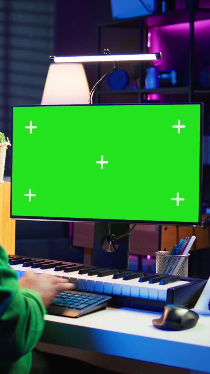 Uomo che utilizza una tastiera MIDI e un monitor di computer con schermo verde in uno studio domestico