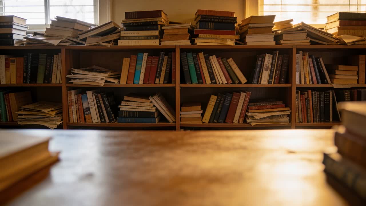 Shifting camera bringing low shelf into sharp focus by wooden table in study, showing book stacks