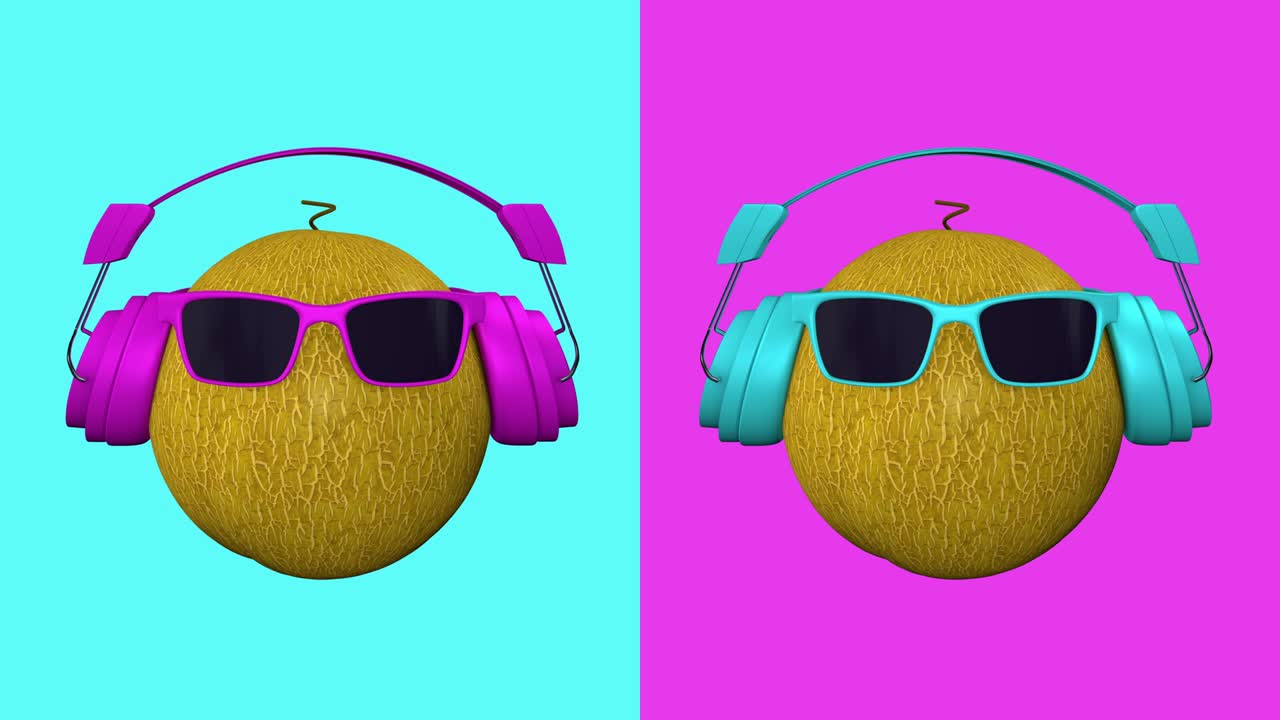 animación 3d en bucle de melón de fantasía. bailando de melón fresco con auriculares y gafas de sol.