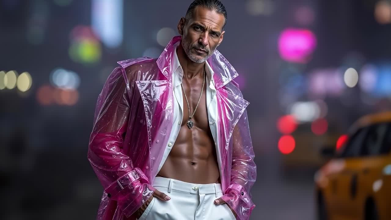 A man in a pink raincoat standing in the middle of a city at night