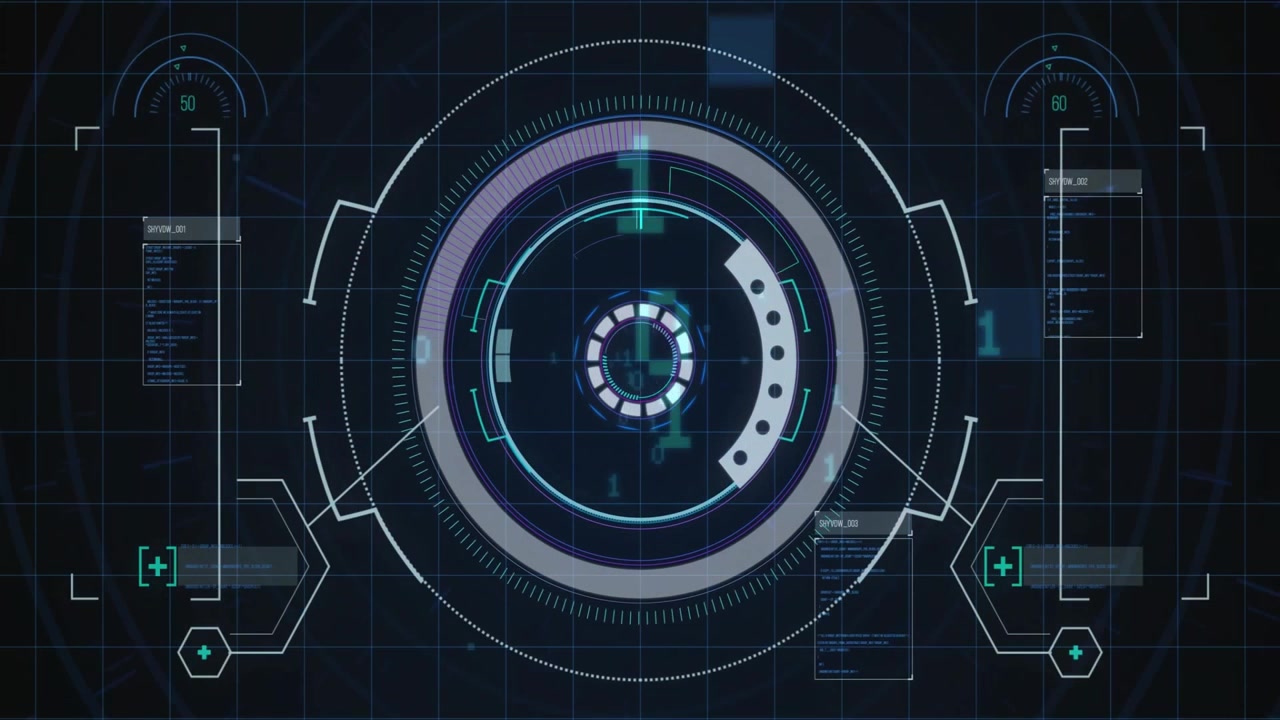 Dark blue grid appearing triggers HUD expanding rotating updating gauges and panels for scanning