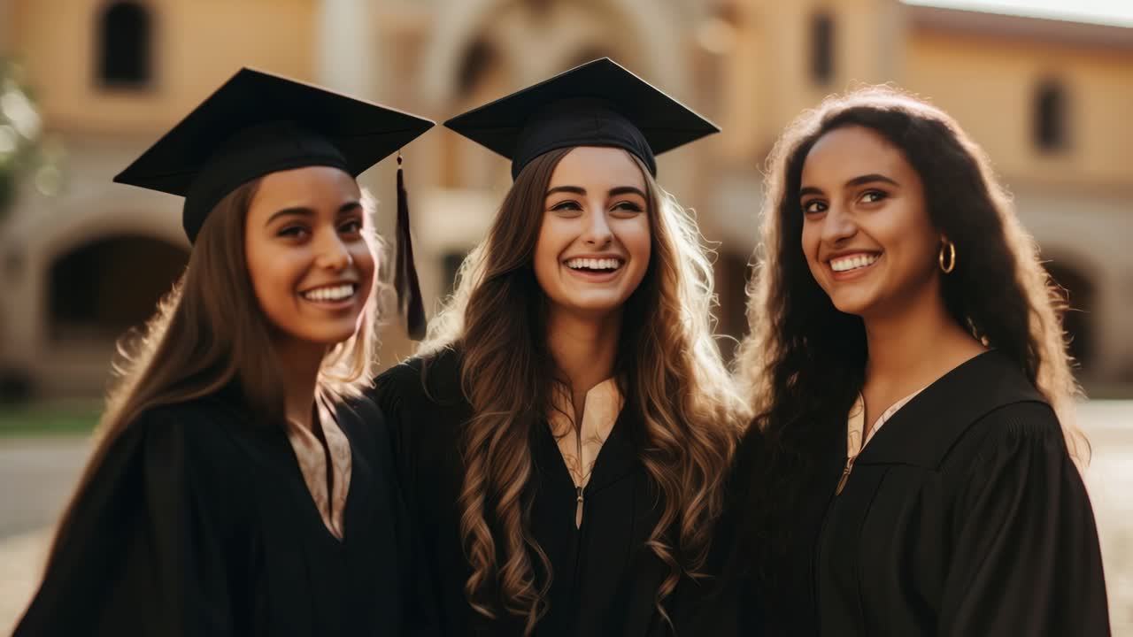 Tre laureati in toga e cappello ridono gioiosamente all'aperto. Il video è ripreso da un angolo basso.