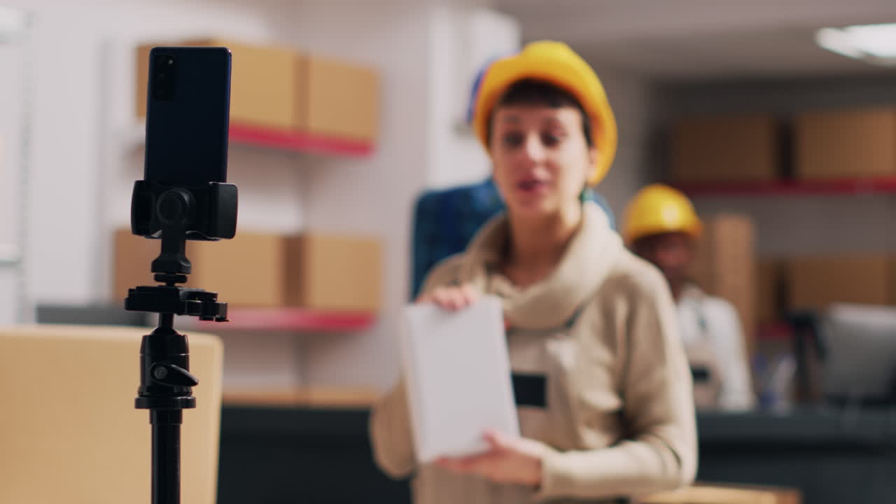 Warehouse employees recording a video for online content