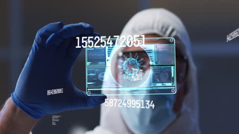 animación de números y procesamiento de datos de covid 19 sobre un médico con máscara facial y traje de protección personal