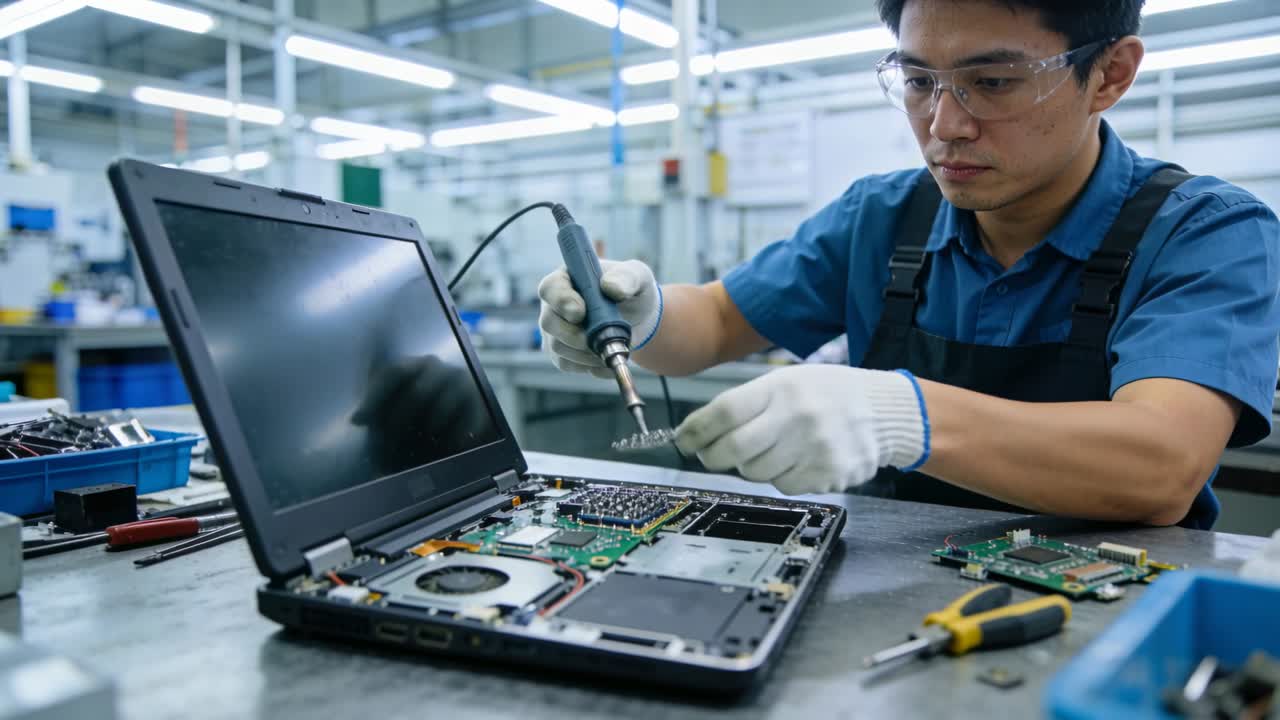 Placing iron, tech in gloves holding chip, soldering board at bench repairing joints, copy space