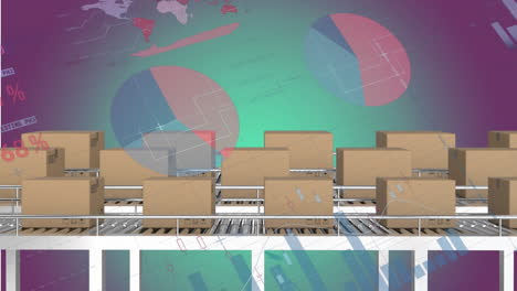 animación del procesamiento de datos estadísticos sobre cajas de entrega en cinta transportadora sobre fondo púrpura
