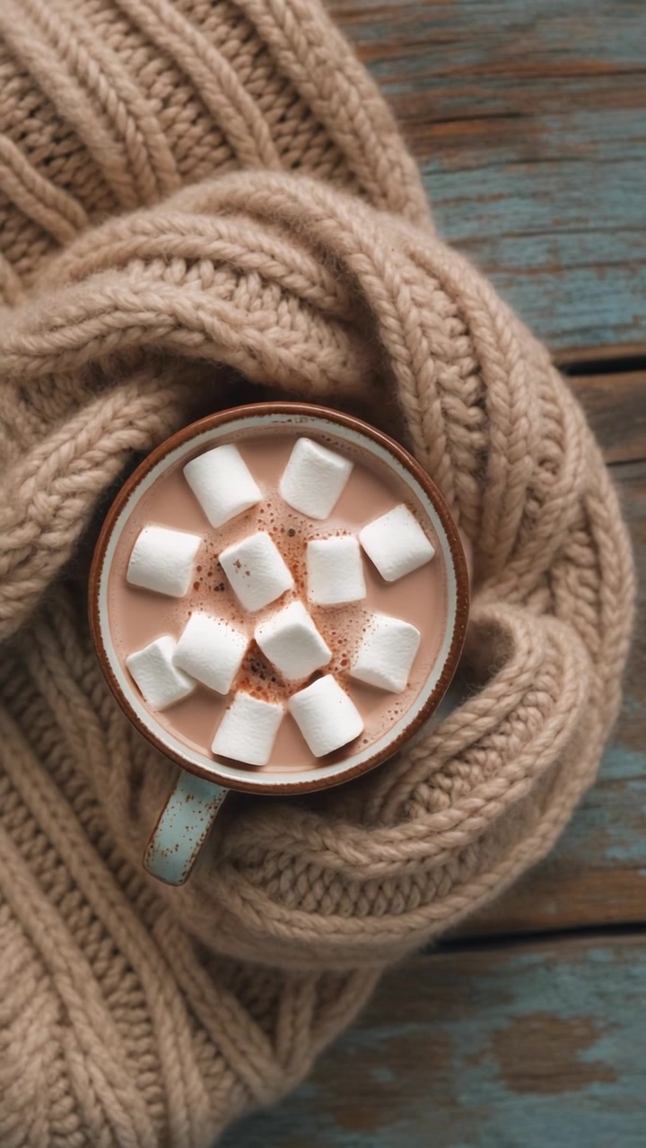 Tazza di cioccolata calda con marshmallow su una sciarpa lavorata a maglia