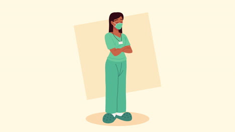 female nurse in scrubs with mask