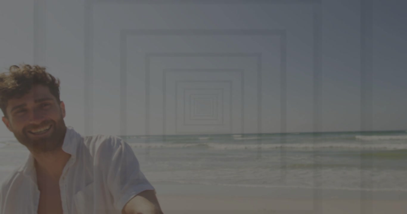 Woman with hat, camera pulling back revealing man moving in, ghosting rectangles, ocean for travel