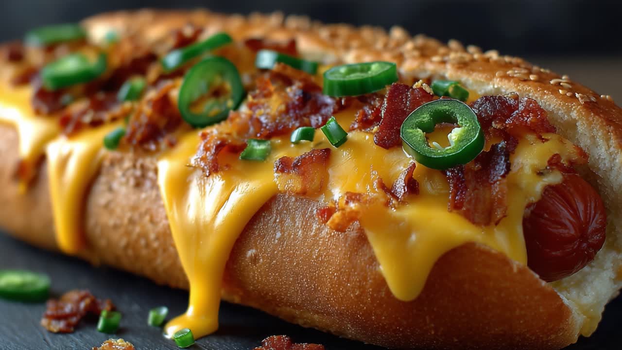 Concediti un delizioso hot dog al formaggio, ricco di pancetta croccante e cipollotti freschi, perfetto per ogni pasto o come delizia per uno spuntino!