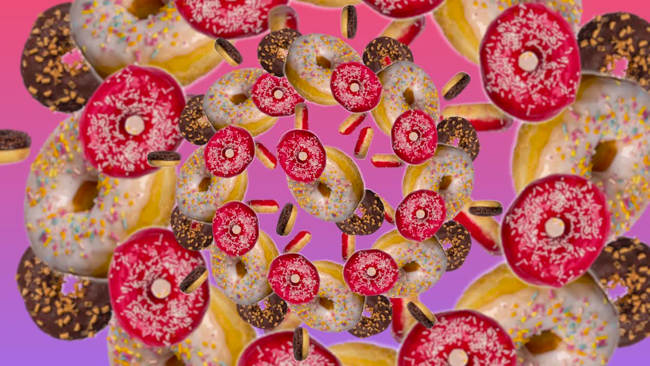 Loopable Motion Background of kaleidoscope of donuts. Abstract colorful animation of donuts moving from the center of pink gradient background - seamless loop. Bakery and food concept