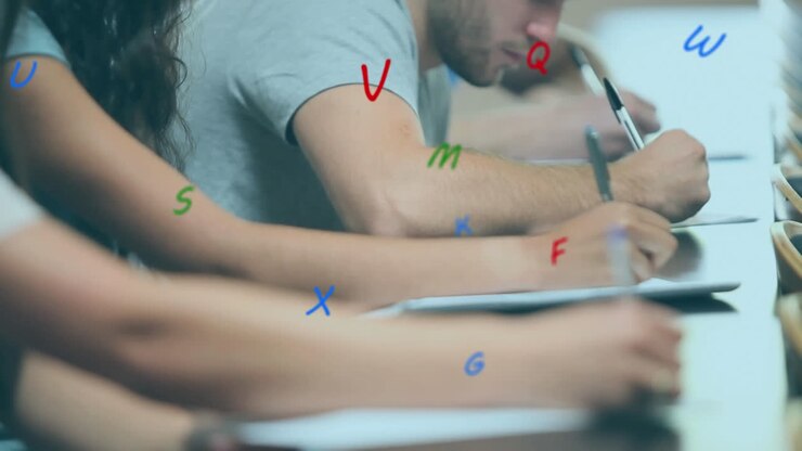 Alphabets float over students studying in a classroom, symbolizing education.