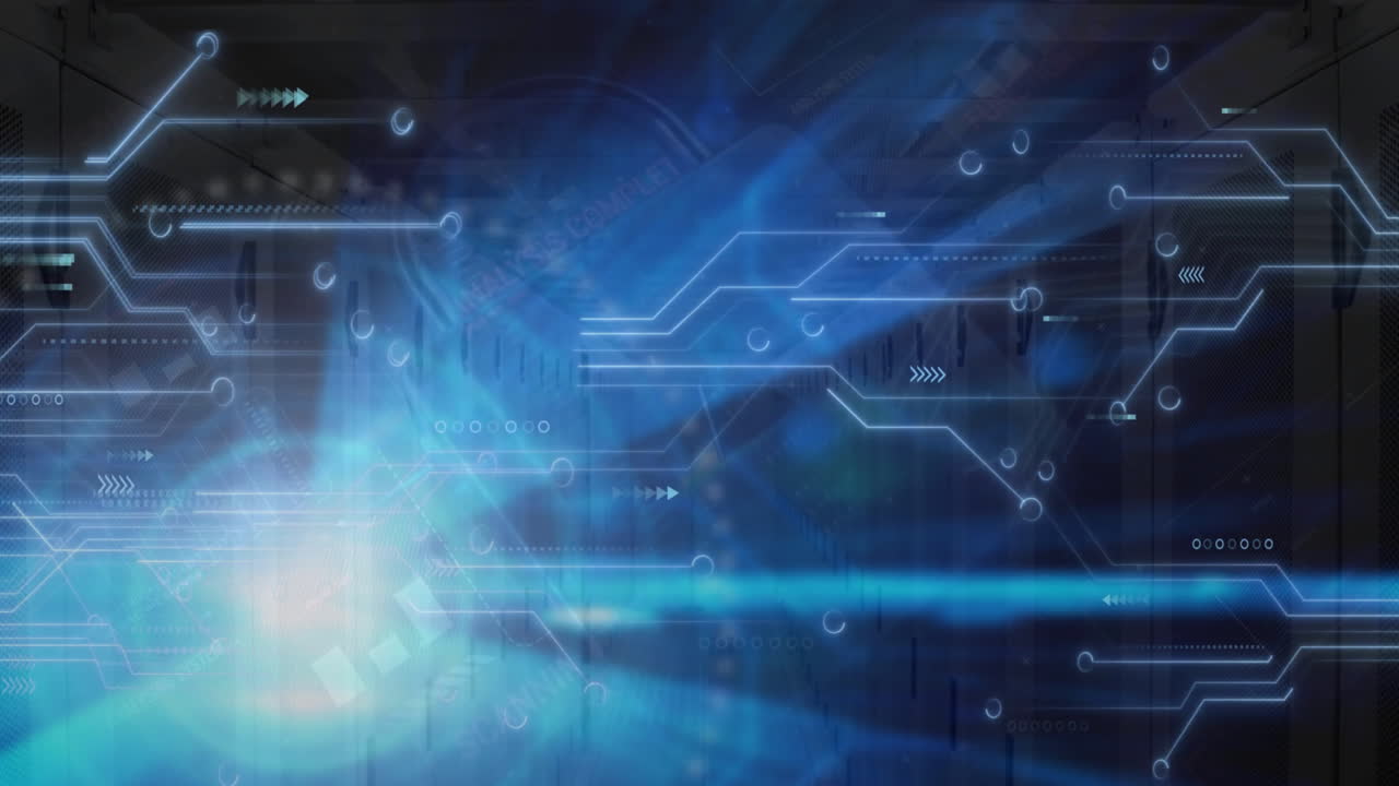 animación de la red de conexiones y diagramas sobre la sala del servidor