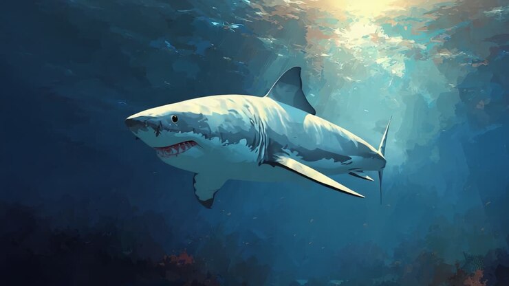 Majestic Great White Shark Gliding Through Sunlit Ocean Waters, Showcasing Power and Elegance in a Vibrant Underwater World Filled with Life and Mystery