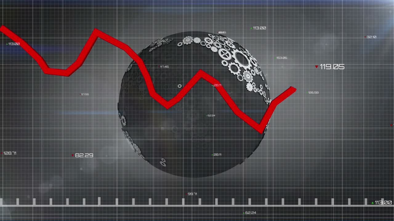 Animation of financial data processing with red line over globe