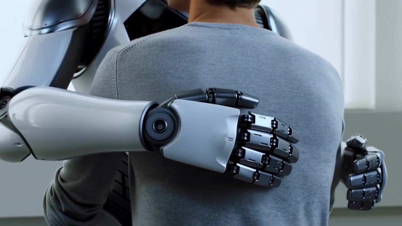Close rear view shows silver robotic arms shifting into position around a person in a gray shirt, with jointed fingers resting on the back against a softly lit interior.