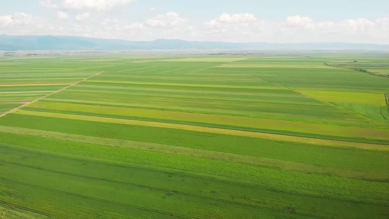 Aerial drone shot of plain fields near Brasov, Romania