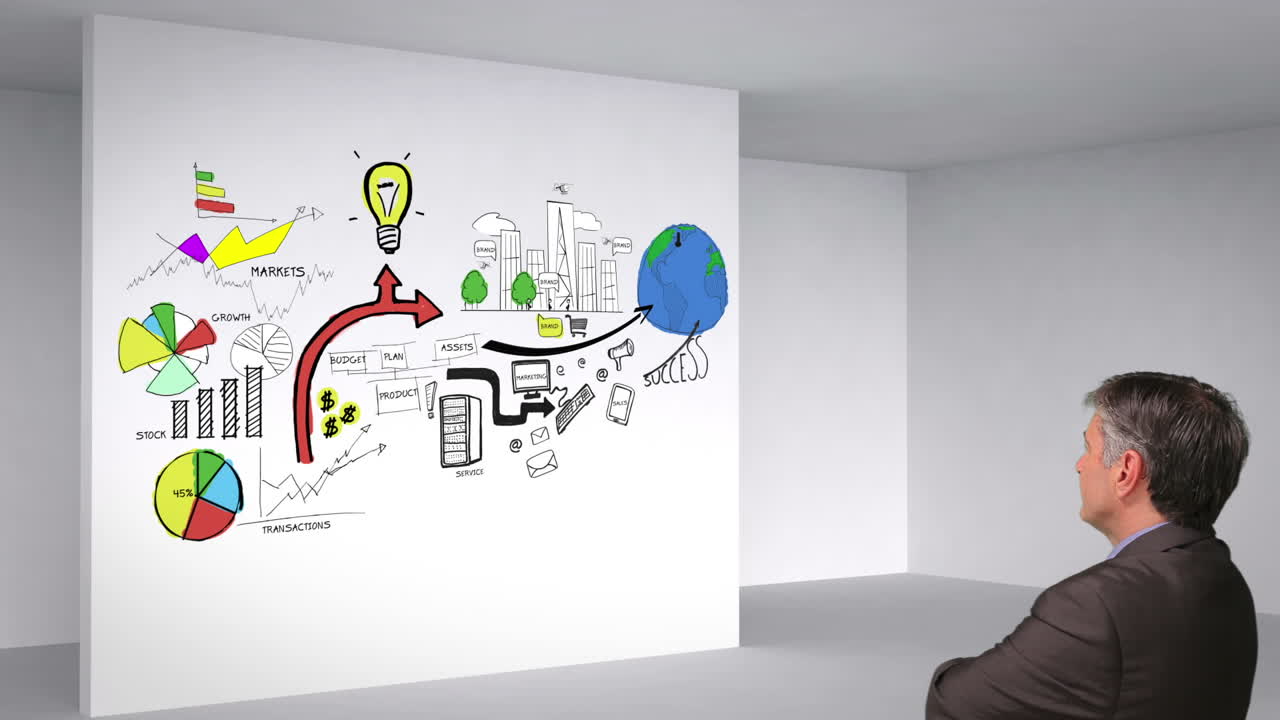 animación a color que muestra la habitación 3d y el plan de negocios y el hombre mirando