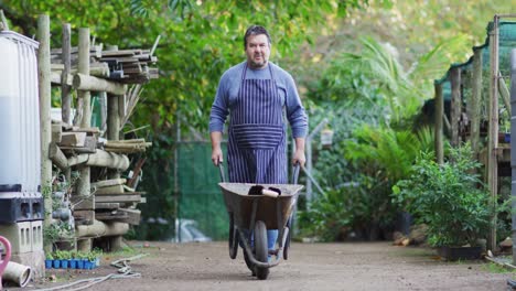 caucasian male gardener walking with wheelbarrow at garden center