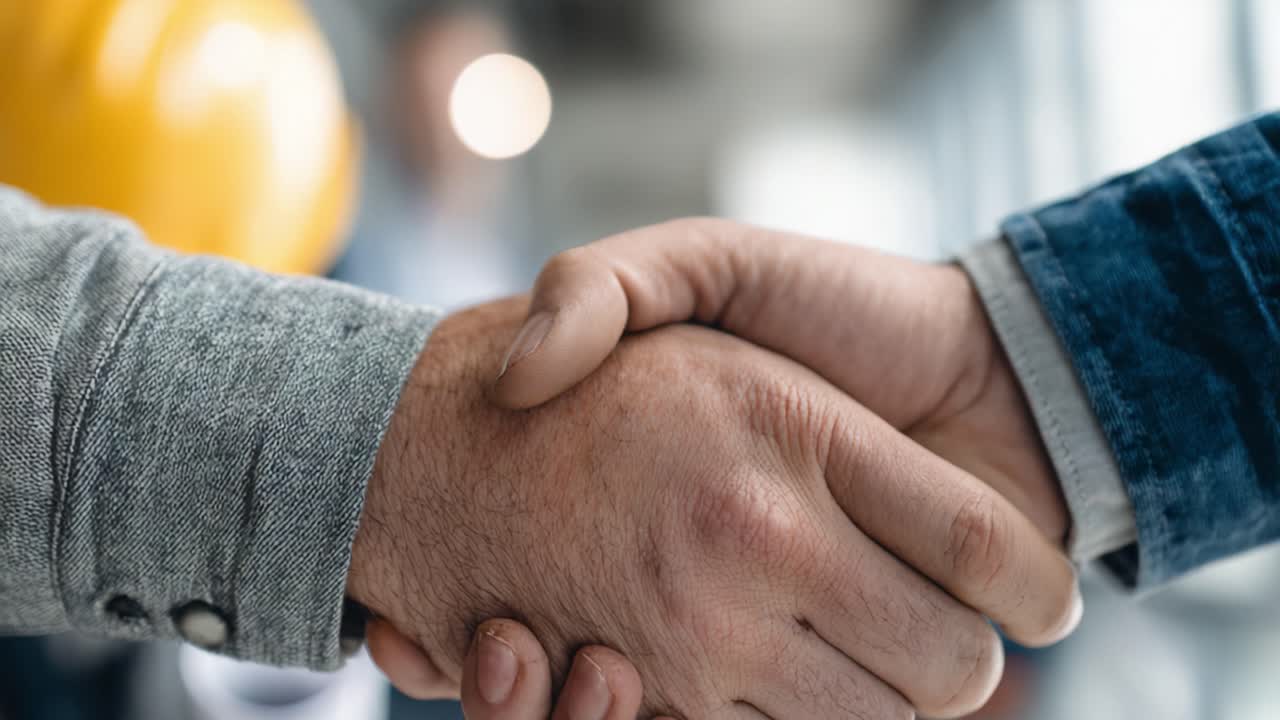 A Strong Business Partnership: Two Individuals Engaging in a Firm Handshake in a Professional Environment to Solidify Mutual Agreement and Future Collaboration