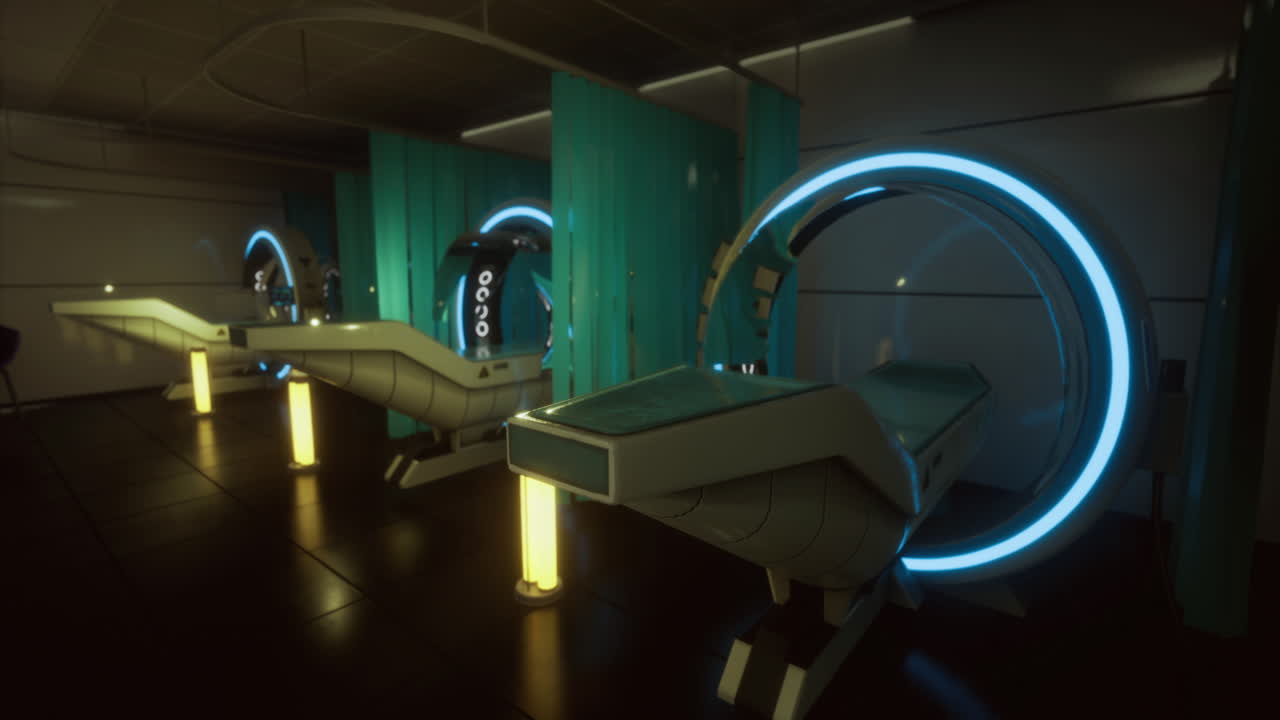 Infermeria futuristica con attrezzature luminose in un ambiente fantascientifico