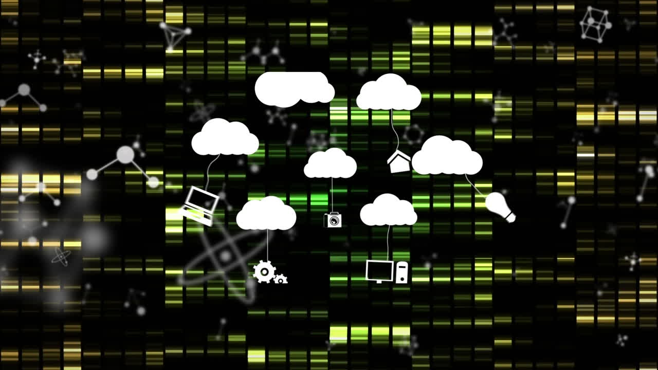 Animation of clouds with icons over moving columns and molecules