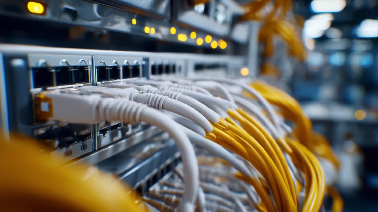 Visual Insight into Networking Cables in a Data Center, Showcasing Connections and Infrastructure with Focused Detailing on Ethernet and Fiber Optic Technology
