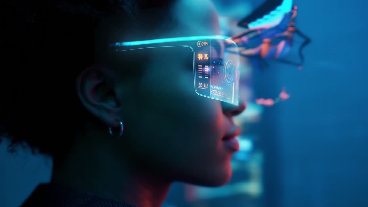 Vista laterale di occhiali AR futuristici che mostrano dati digitali, in un video vibrante e di ispirazione tecnologica